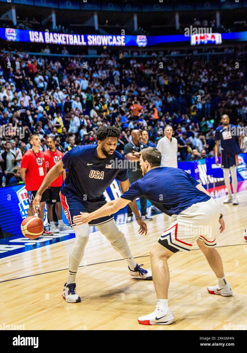 O2 Arena, UK. 22nd July, 2024. Joel Embiid 11 for Team USA warming up before the USA Basketball