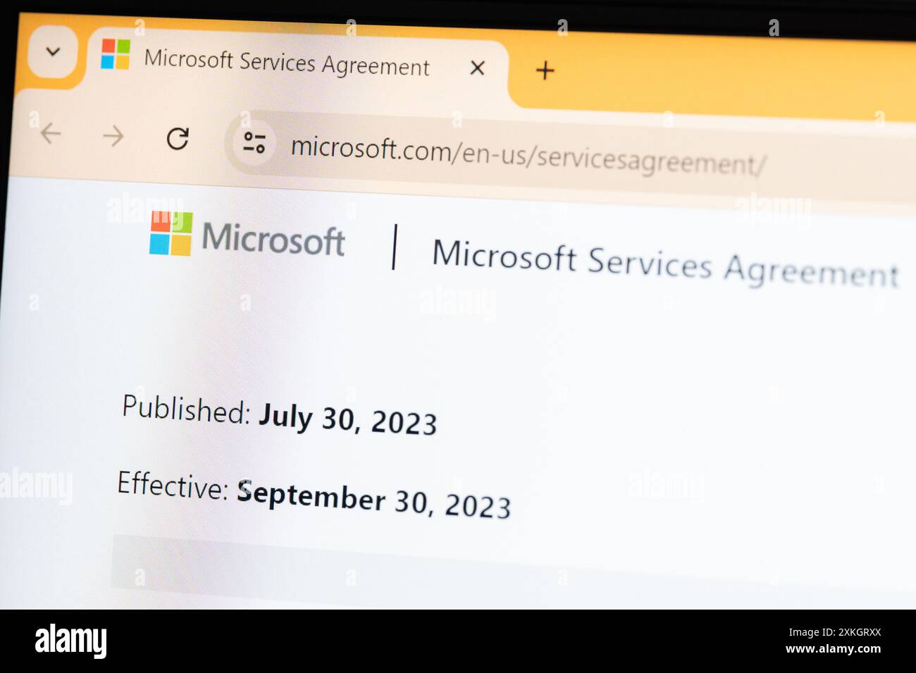New York, USA - July 19, 2024:Microsoft Services Agreement on official web site screen close up view Stock Photo