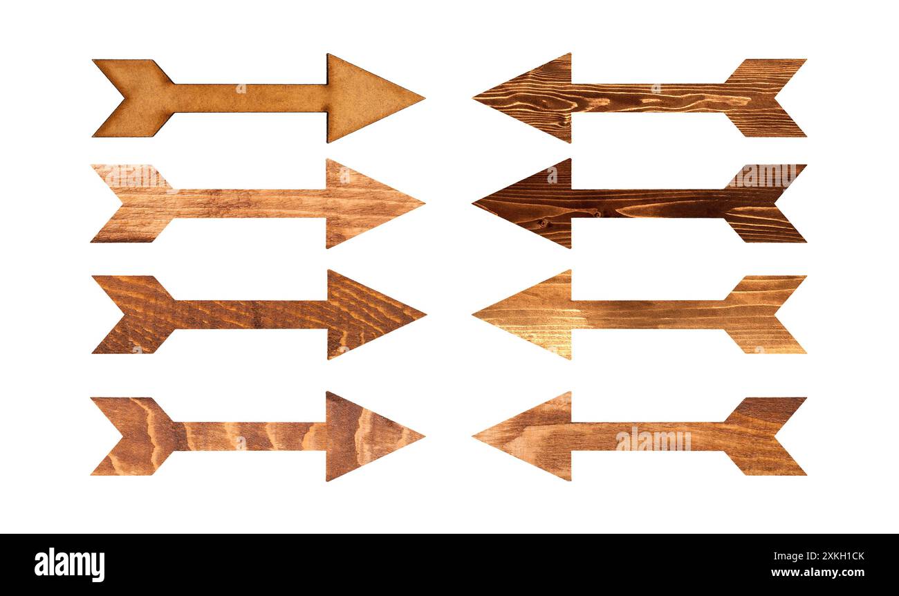Wooden indicator arrows set isolated on white Stock Photo