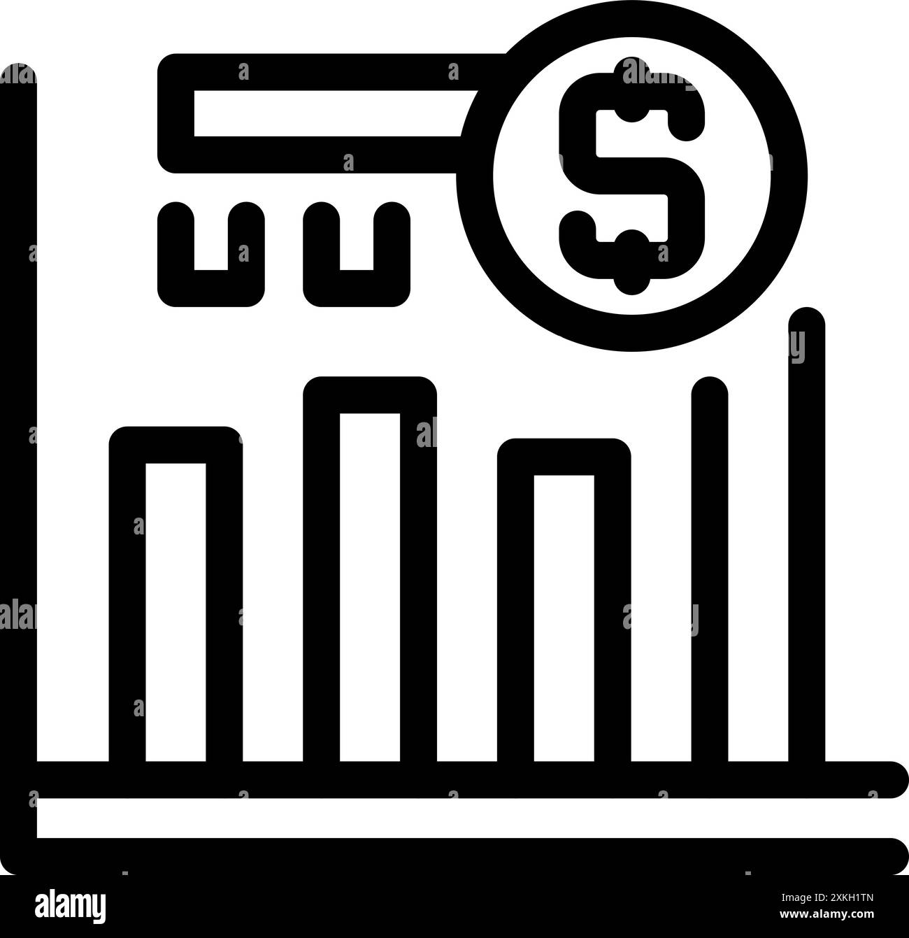 Magnifying glass is focusing on a dollar sign over a bar chart ...