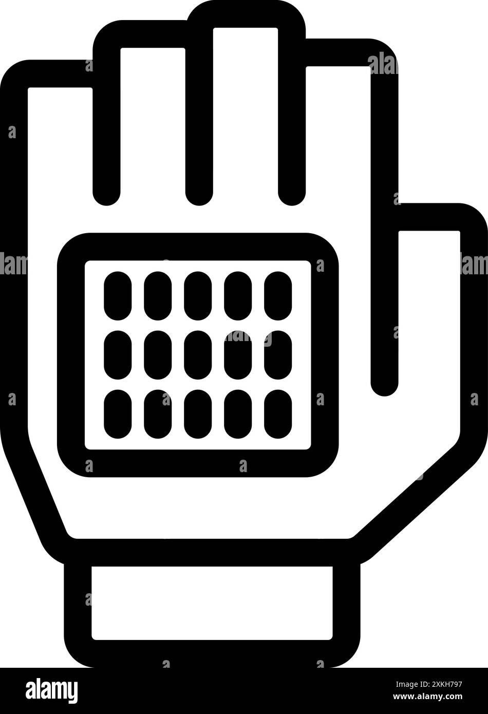 Line icon of a hand wearing a glove with a grid, representing a vr ...
