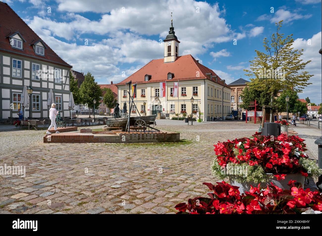 Fountain, Market Square and Historic Town Hall of Angermuende, Uckermark, Brandenburg, Germany, Europe Stock Photo