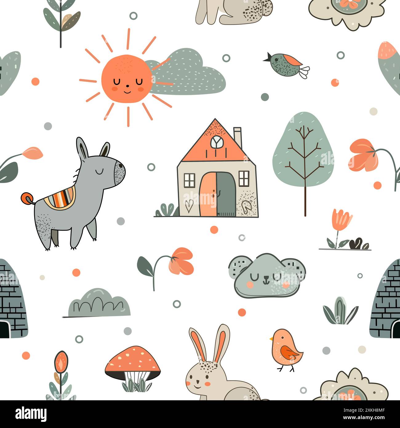 Vector kid seamless pattern Cute baby print with donkey, house, sun ...