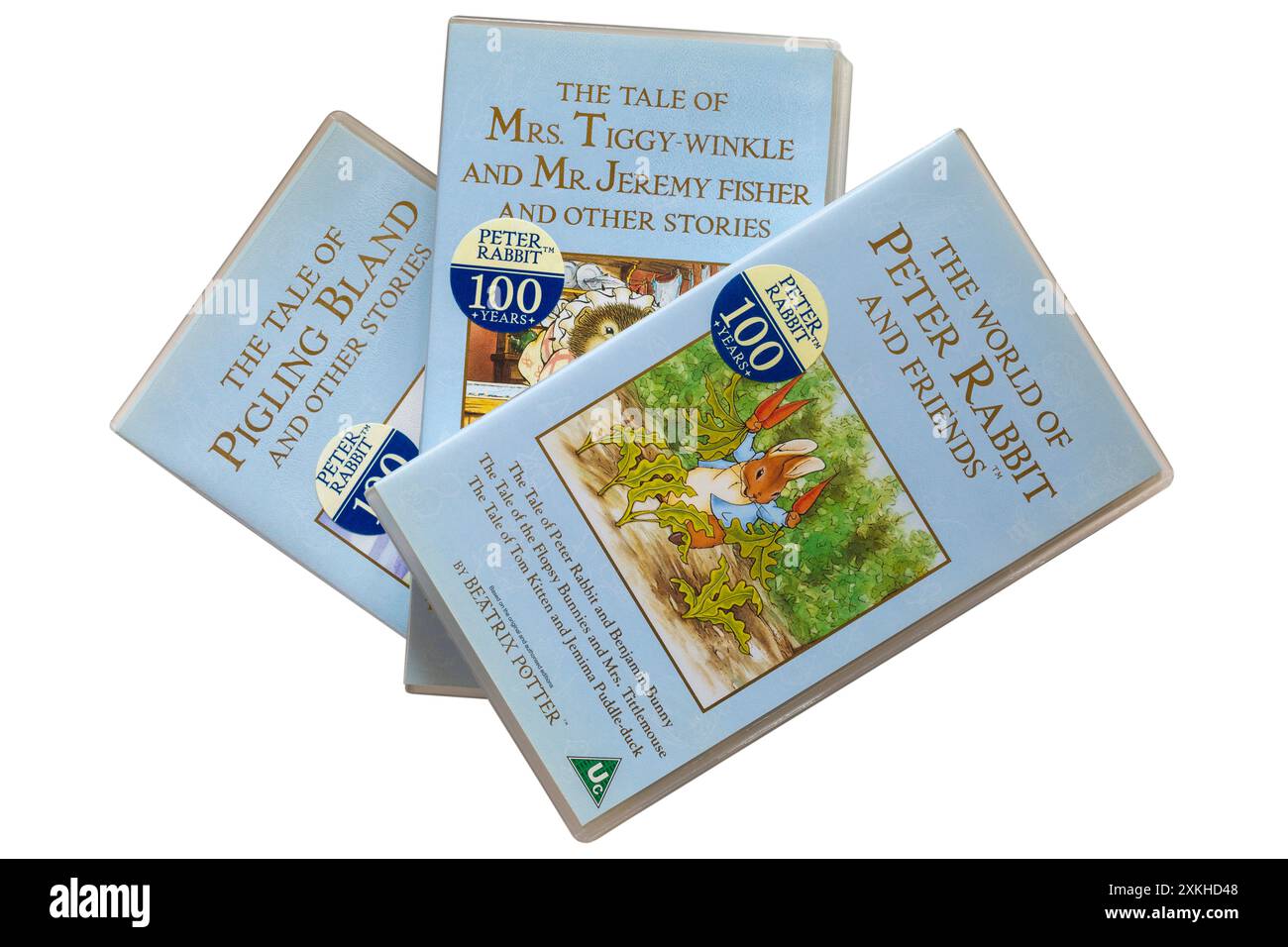 VHS video cassette tapes by Beatrix Potter with The World of Peter Rabbit and Friends on top isolated on white background Stock Photo