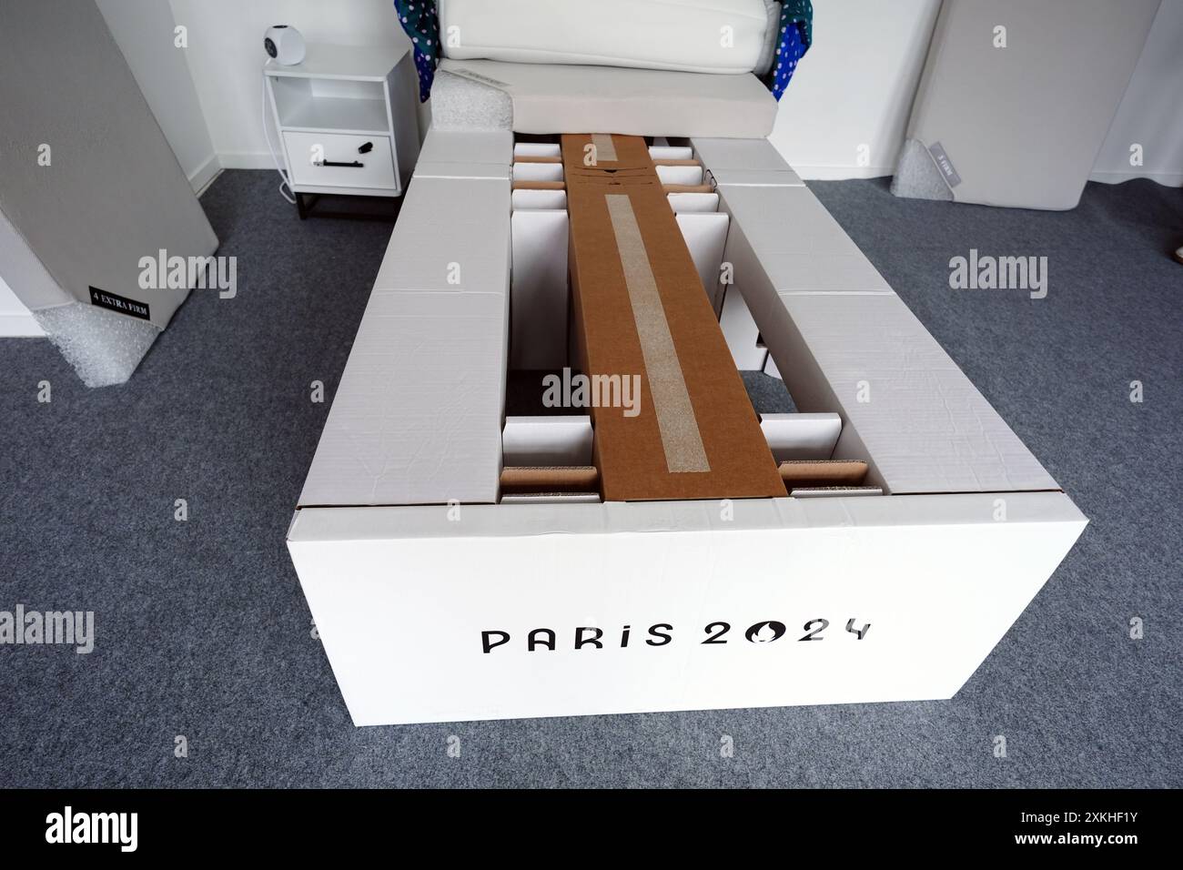 A general view of a bed, made from cardboard, which will be used by