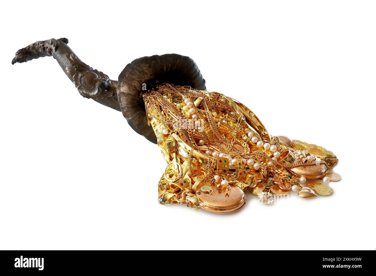 Gold vom Füllhorn, Goldschmuck, Goldmünzen, Perlen Stock Photo