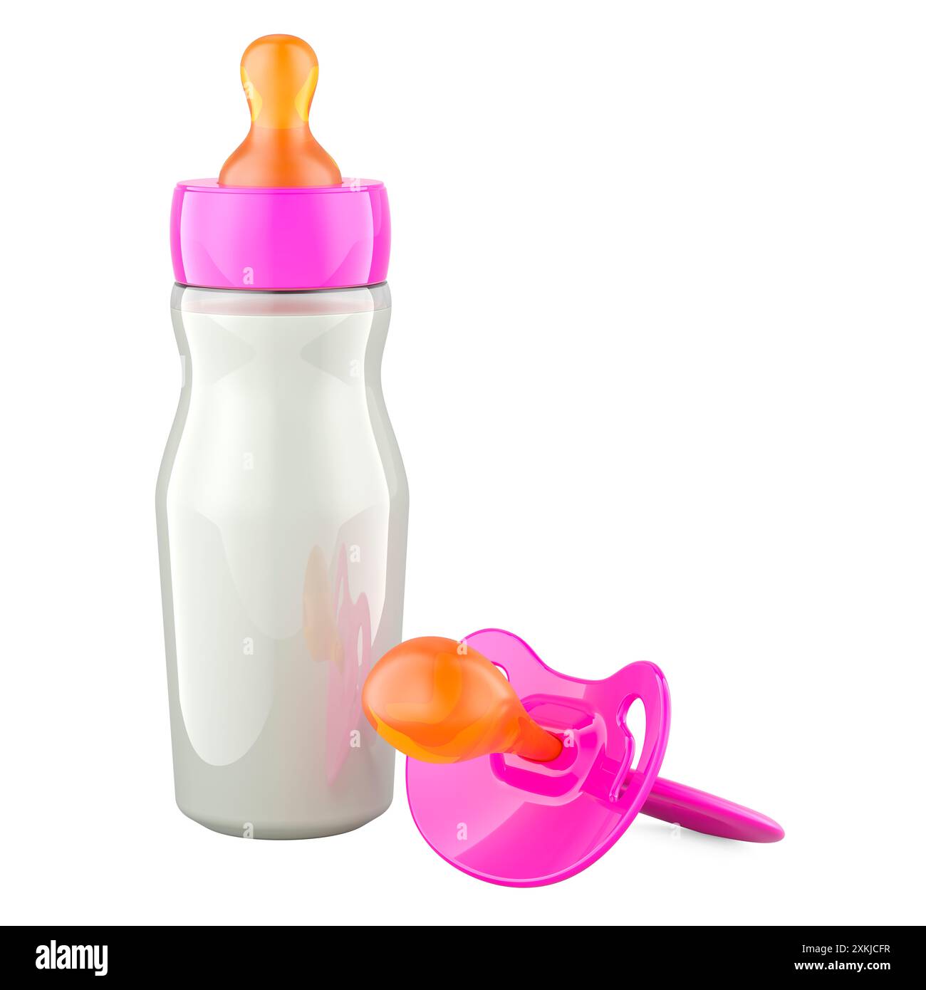 Pink baby pacifier and baby bottle, 3D rendering isolated on white ...