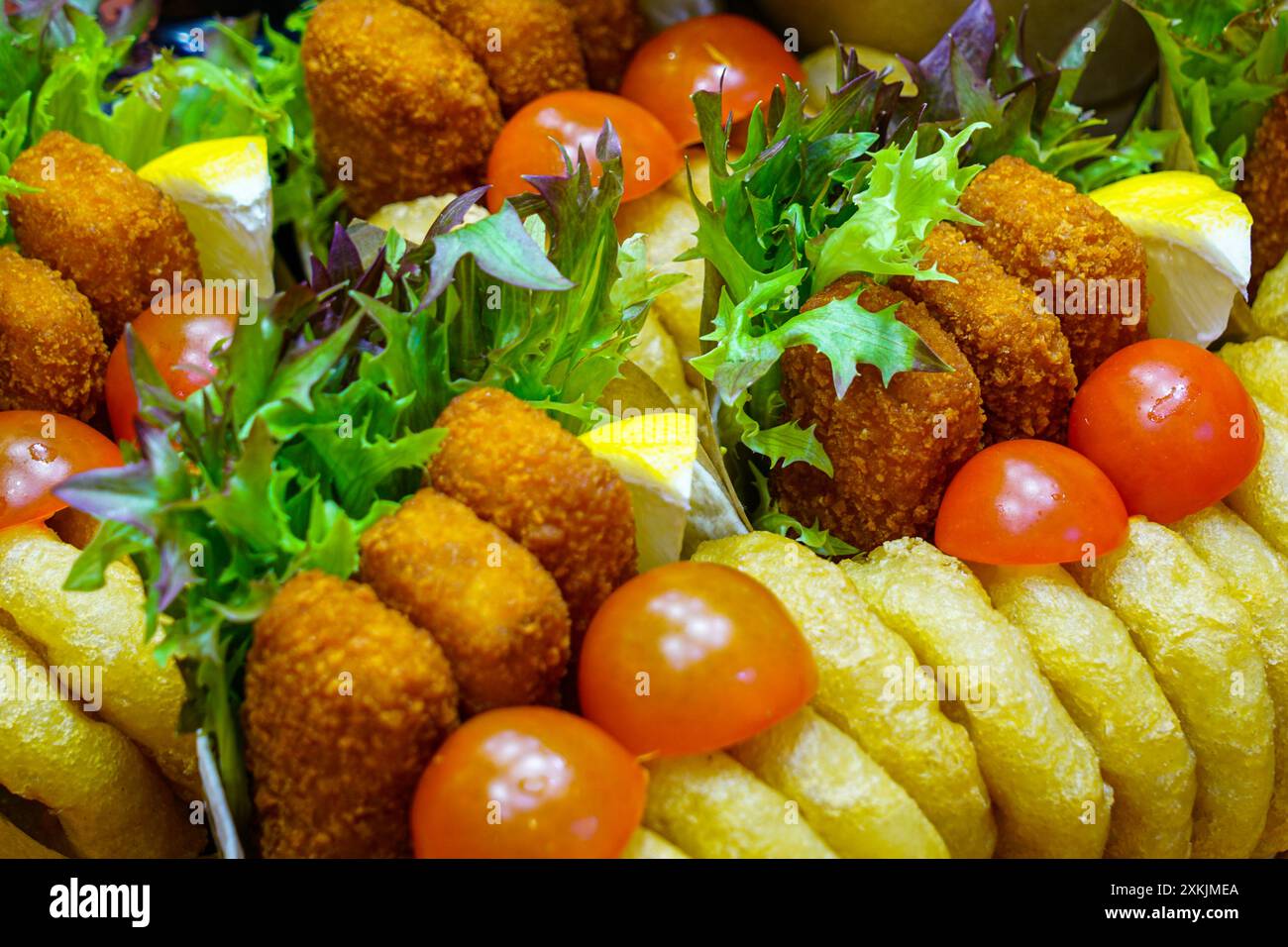 Appetizing colorful street fast food servings at a market stall, La ...