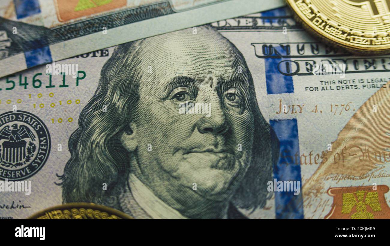 close-up portrait of Franklin with bitcoin glasses Stock Photo - Alamy