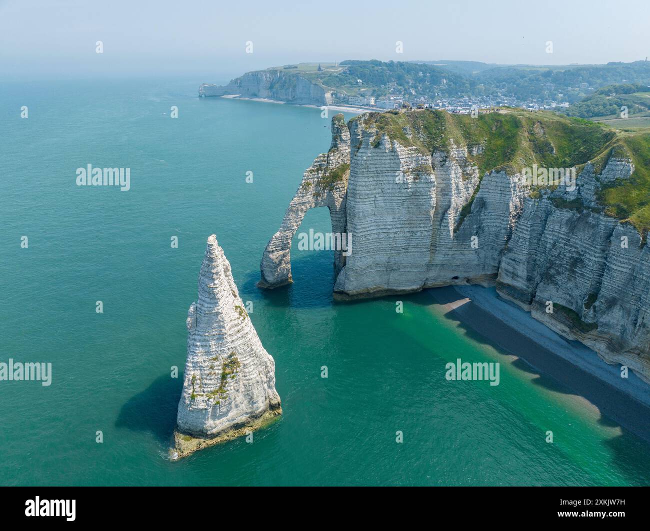 Aerial view of Etretat cliffs and the Atlantic ocean. Chalk cliffs and ...