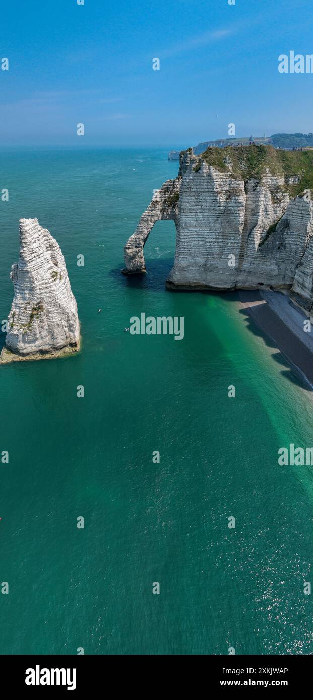 Aerial view of Etretat cliffs and the Atlantic ocean. Chalk cliffs and ...