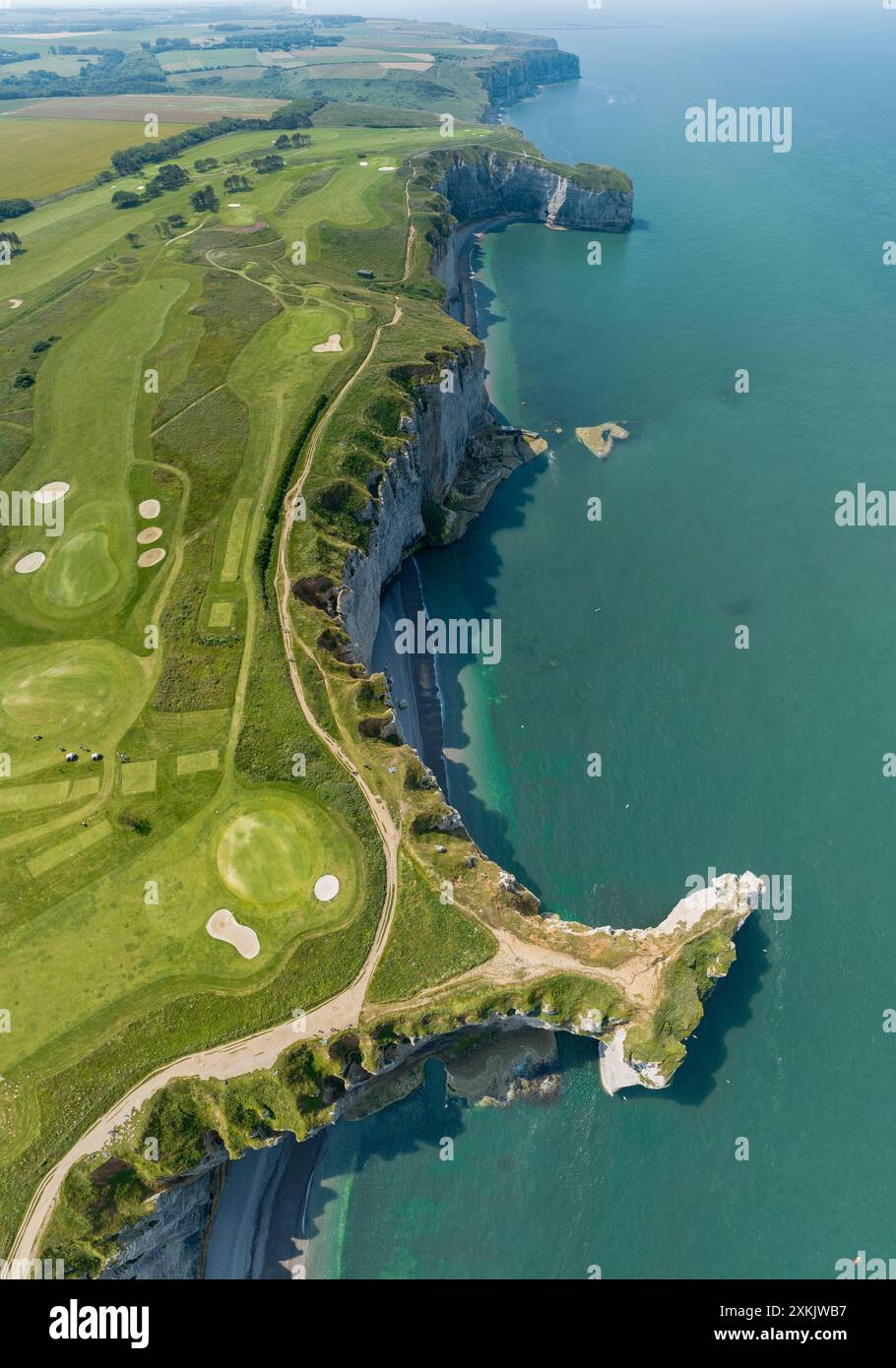 Aerial view of Etretat cliffs and the Atlantic ocean. Chalk cliffs and ...