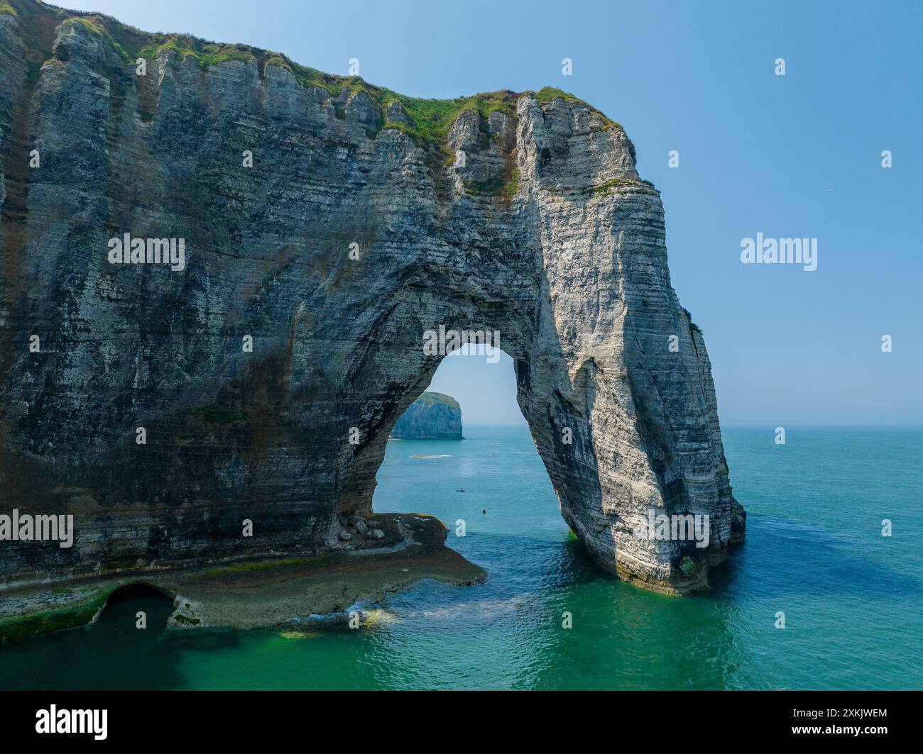 Aerial view of Etretat cliffs and the Atlantic ocean. Chalk cliffs and ...