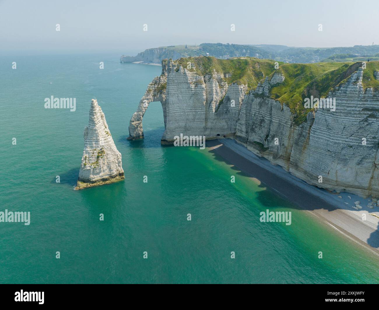 Aerial view of Etretat cliffs and the Atlantic ocean. Chalk cliffs and ...