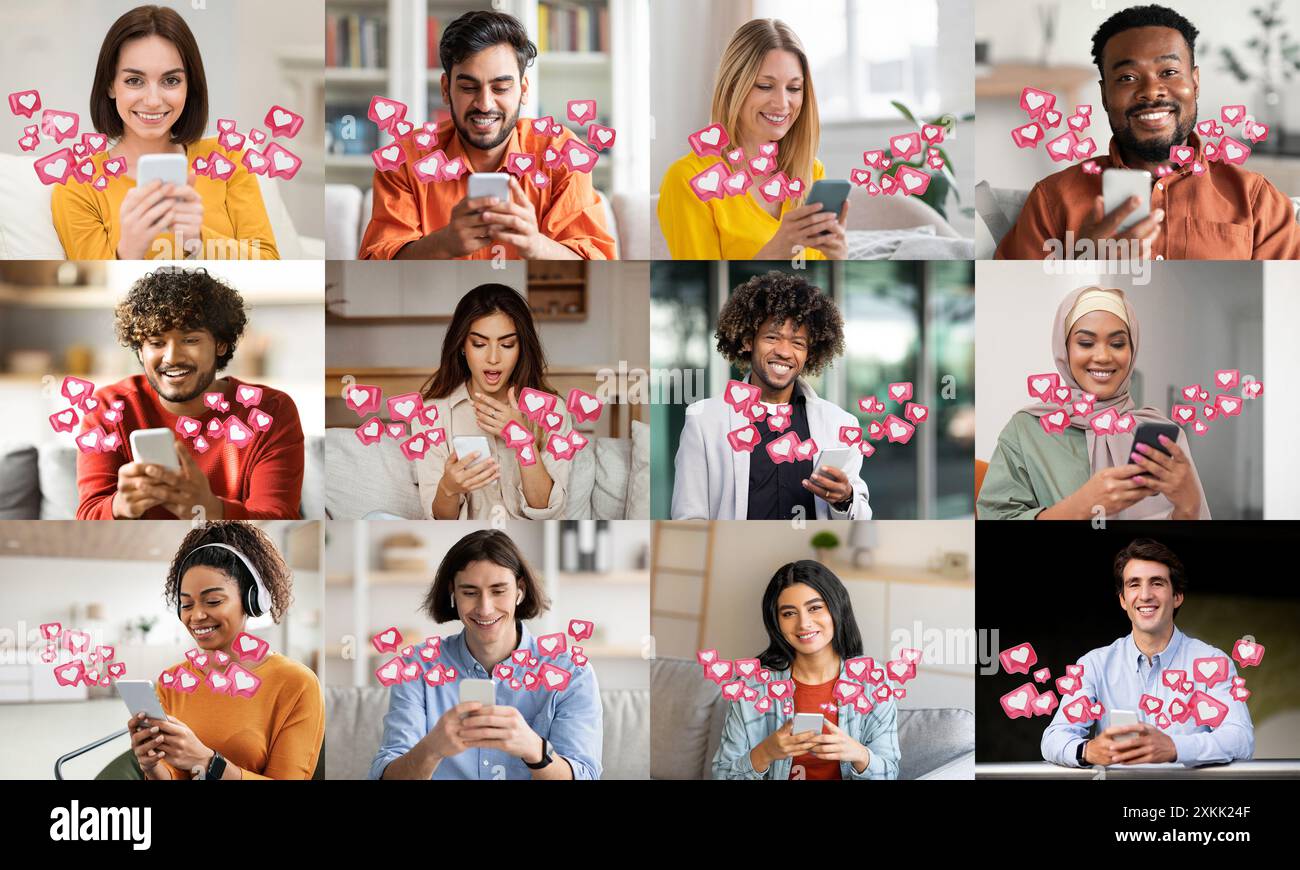 Diverse Group of People Using Smartphones Surrounded by Hearts, Likes ...