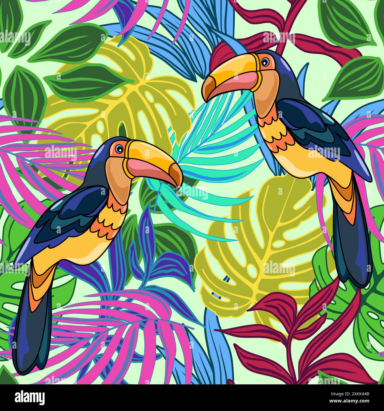 Seamless floral pattern with toucans and rainforest. Vector illustration Stock Vector