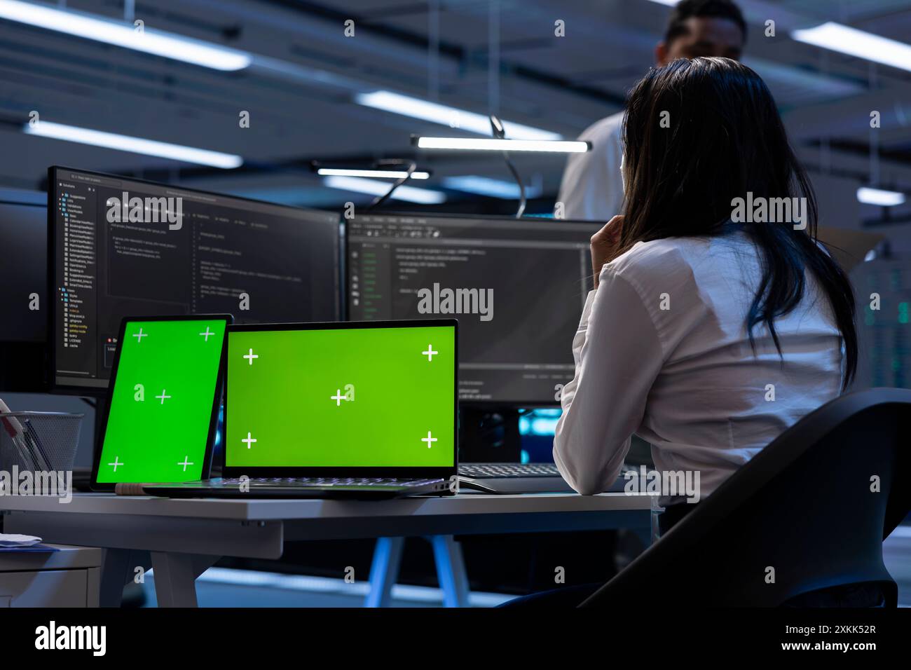 Technician using laptop in high hi-res stock photography and images - Alamy