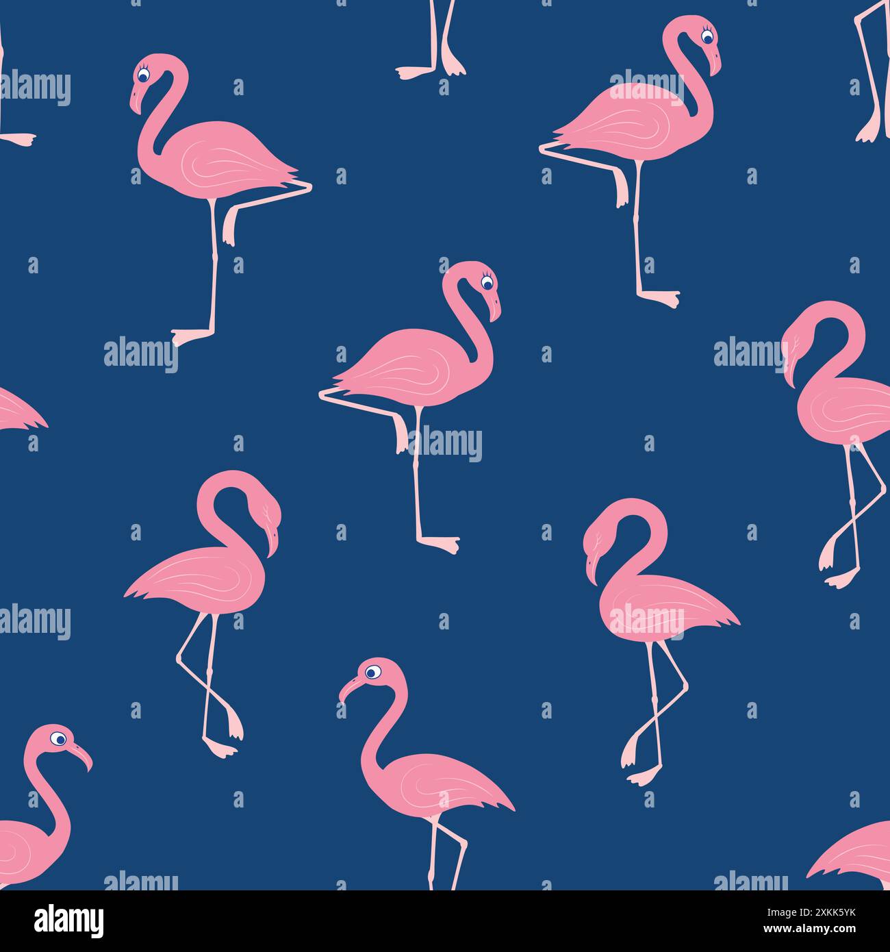 Seamless vector pattern of pink flamingo on tropical blue background ...