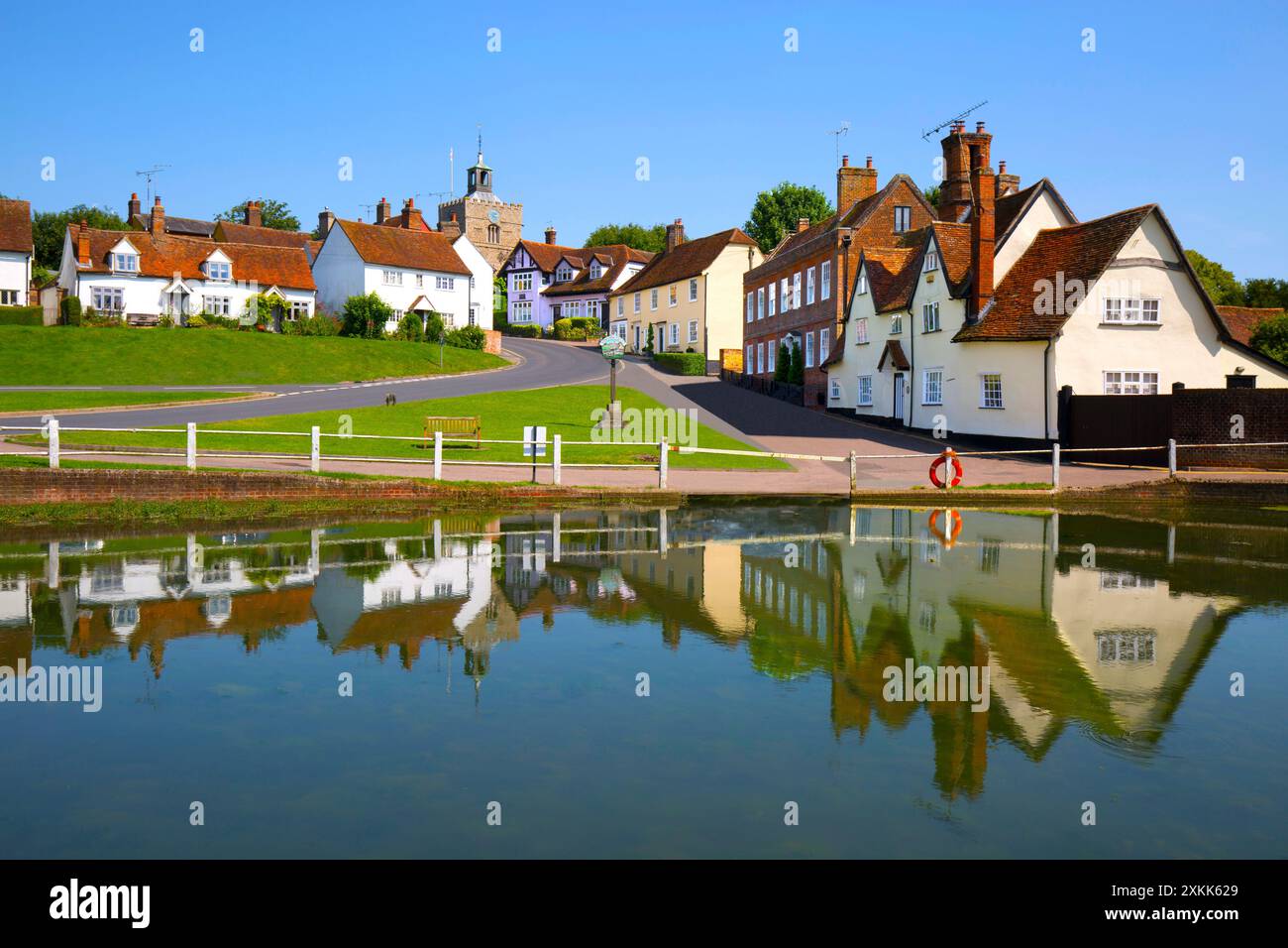 Finchingfield (Church Hill) Essex Reflected in The Duck Pond Stock Photo