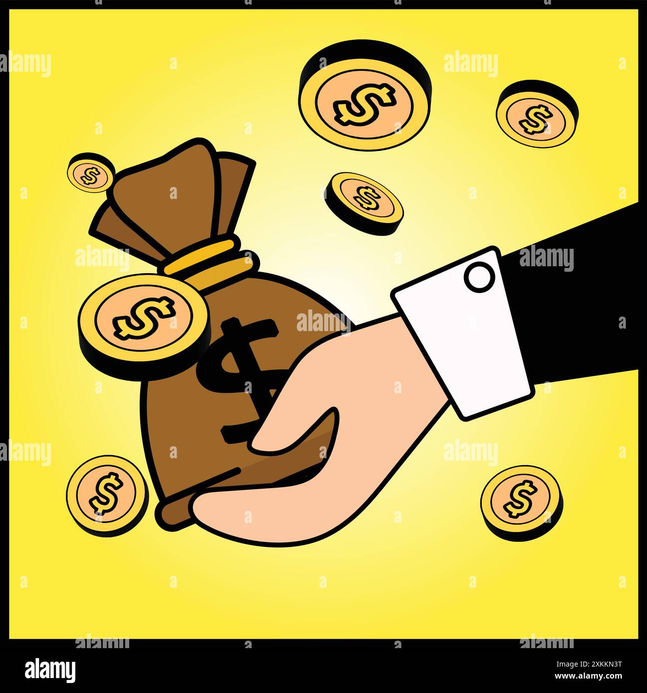 Businessman holding money bag with gold coin with dollar sign earning ...