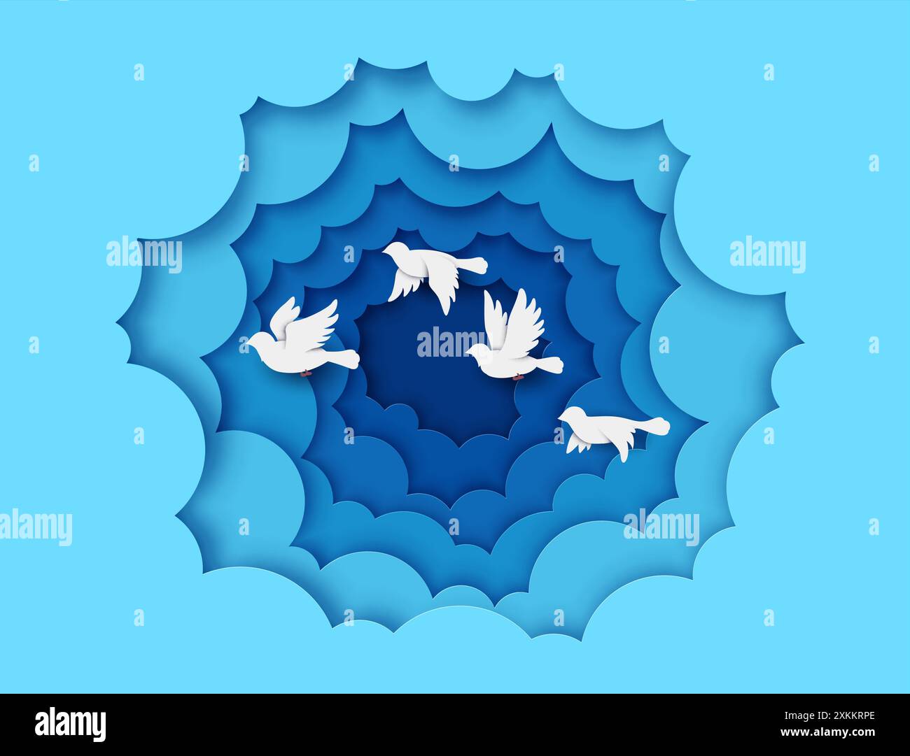 White pigeons or dove birds in paper cut clouds flying in sky, vector background. Doves in blue papercut sky heaven frame for freedom, love or faith, Stock Vector