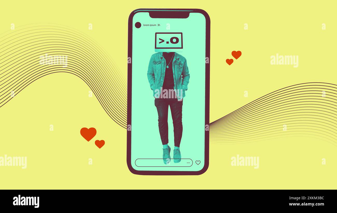 Artificial intelligence social media male influencer on phone collage art. Man with computer screen head and emoji face. Virtual reality concept Stock Vector