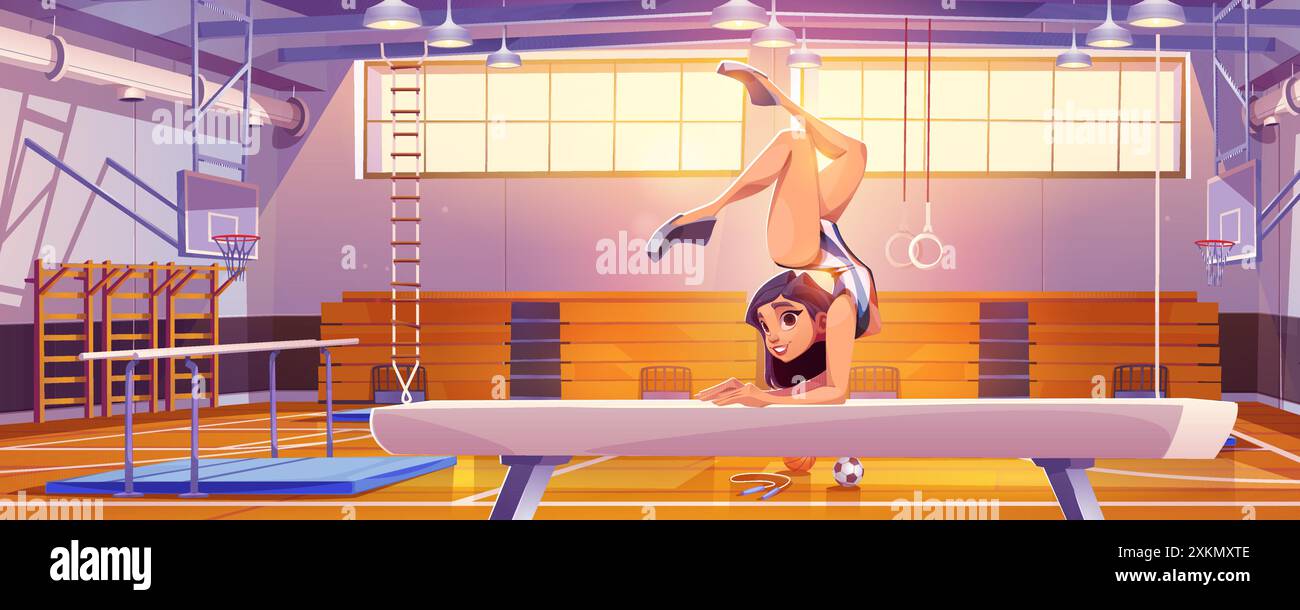 Female professional artistic gymnast in leotard doing acrobatic balance element on hands on beam in sport gym interior. Cartoon vector illustration of young girl in gymnasium making handstand figure. Stock Vector