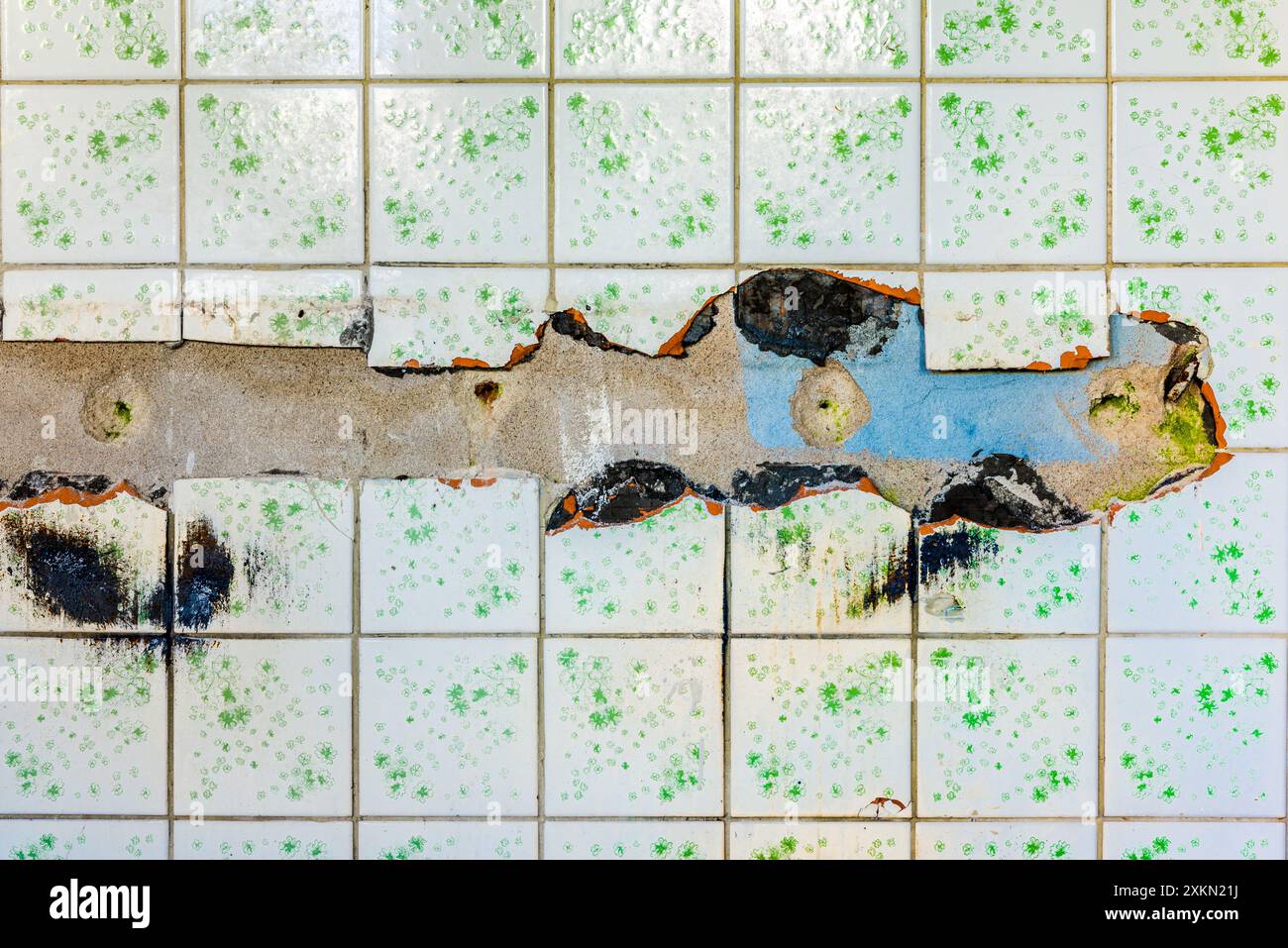 Old Textured White Broken Tiles Background Stock Photo