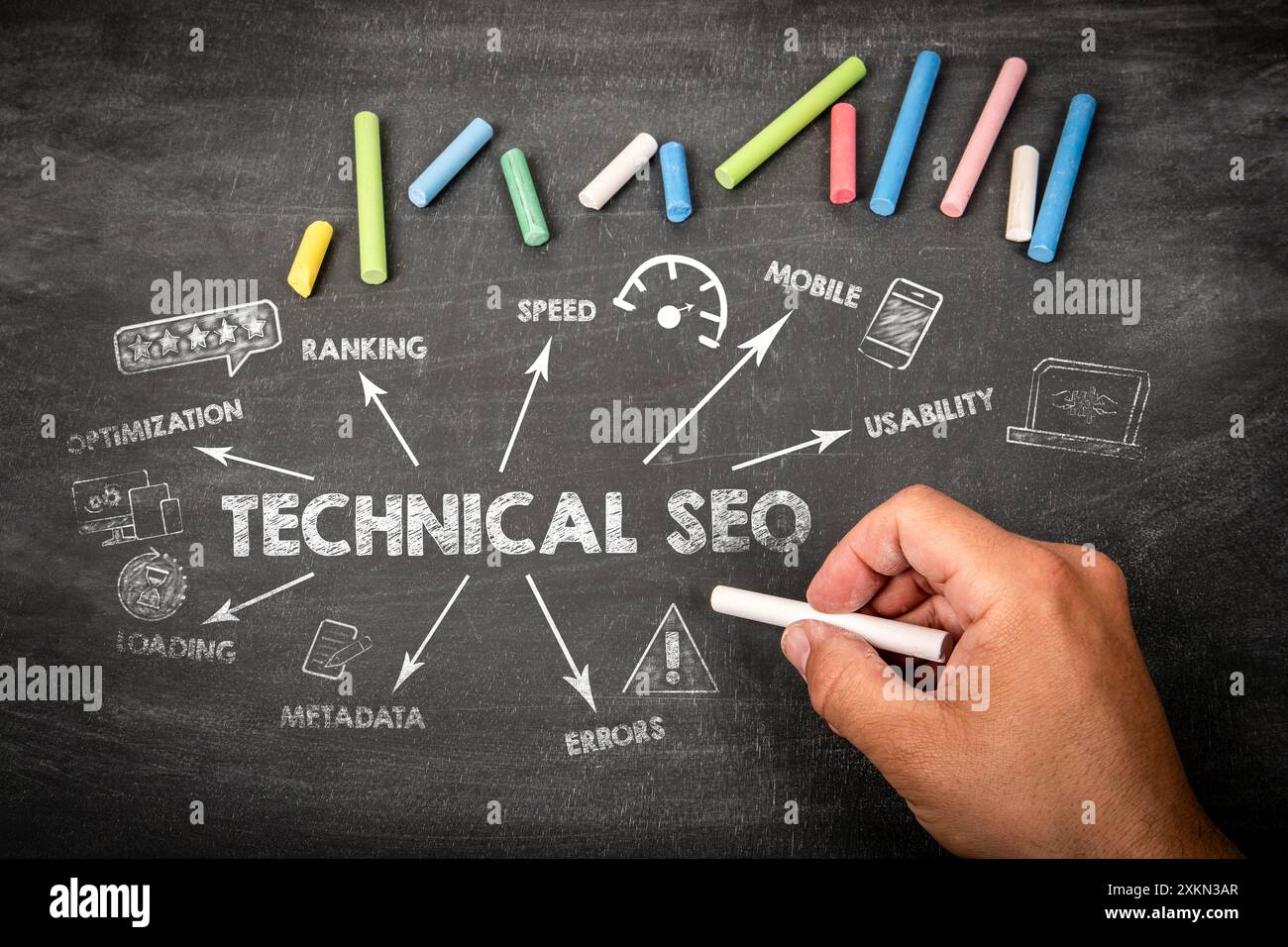 Technical SEO Concept. Illustration with icons, arrows and keywords on a black chalkboard background. Stock Photo