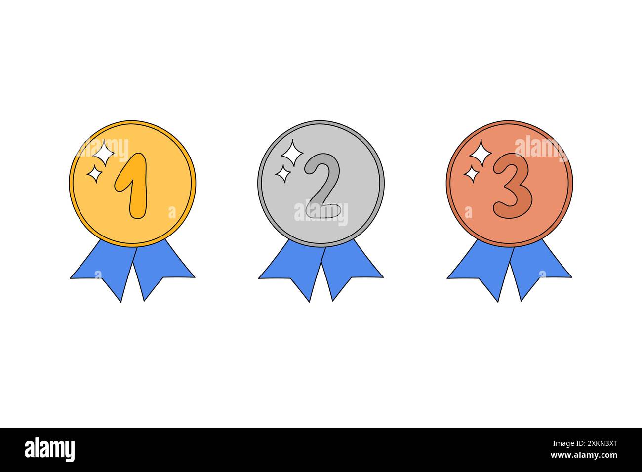 Doodle prizes set of golden, silver and bronze. Medals with ribbon ...