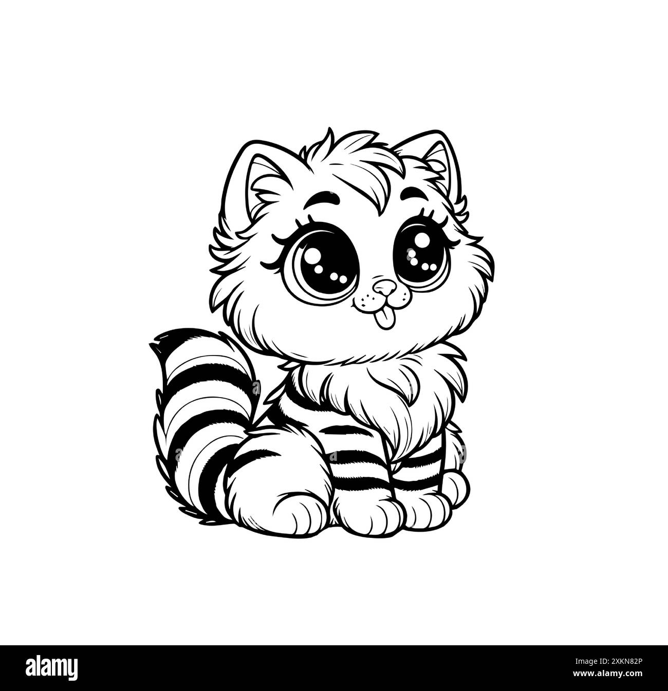 Cute Cartoon kitten with big eyes and fluffy fur, sitting happily
