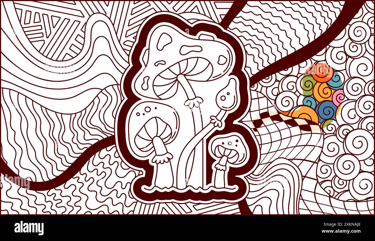 Coloring page with Psychedelic mushrooms and different shapes Stock ...