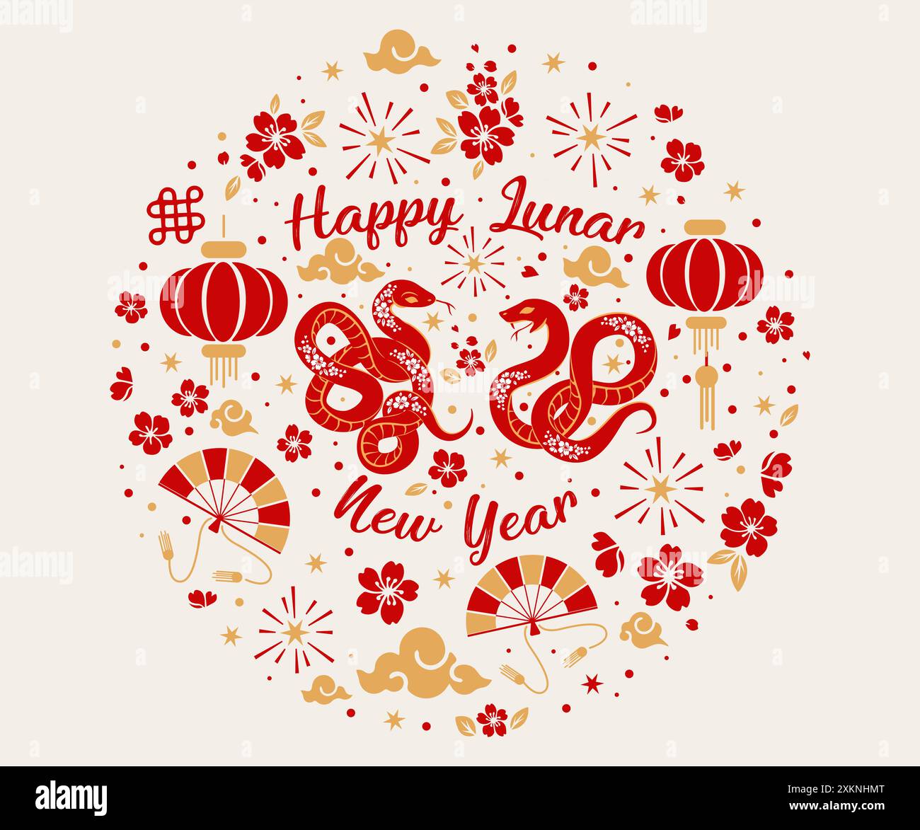 Happy chinese new year 2025 Zodiac sign, of the Snake, red and gold paper cut ox character