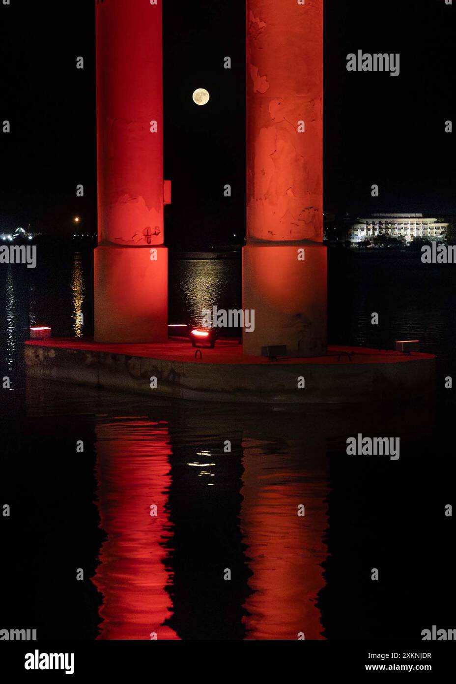 Bridge lit up red in olbia stock photo alamy