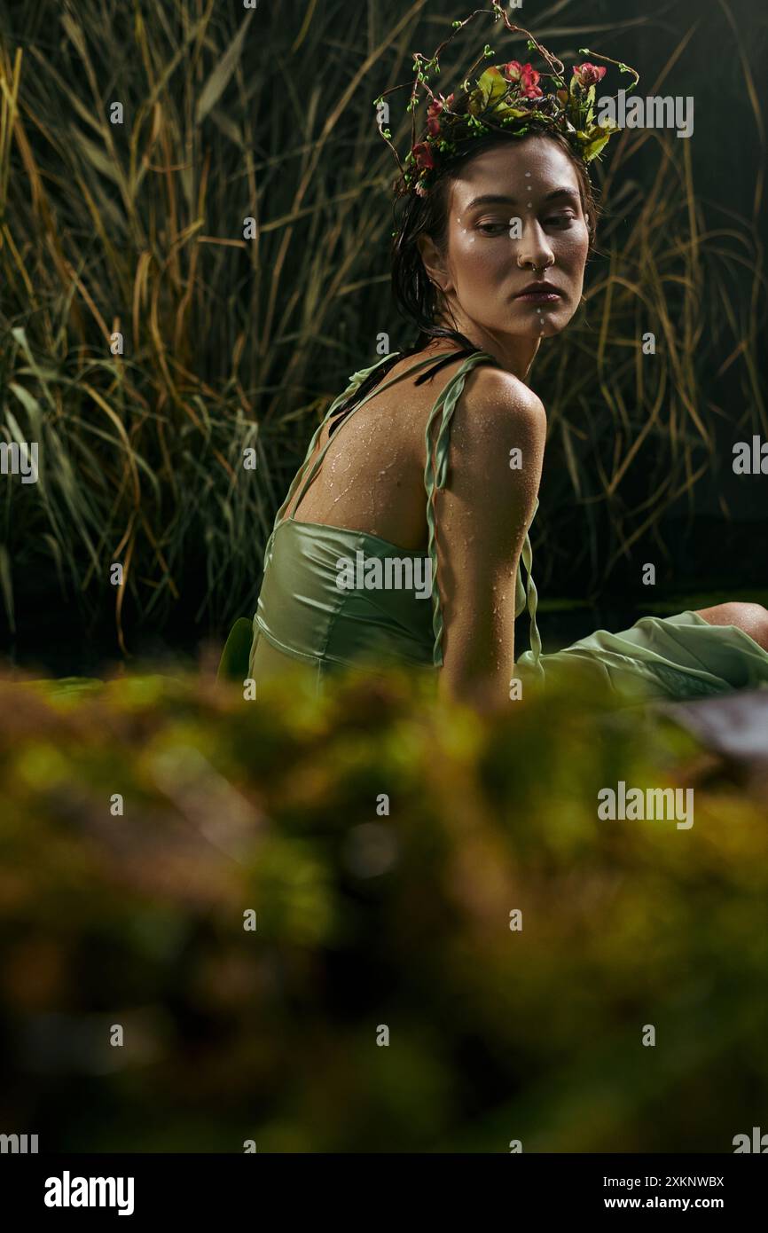 A woman wearing a green dress and a flower crown poses in a swamp Stock Photo - Alamy A woman wearing a green dress and a flower crown poses in a swamp Stock Photo - Alamy