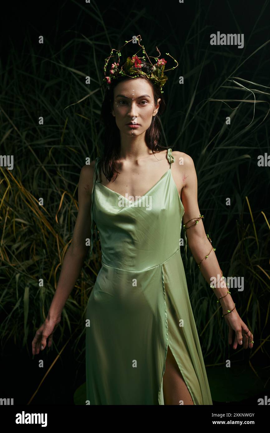 A woman with a floral crown poses in a green dress near swamp vegetation Stock Photo - Alamy A woman with a floral crown poses in a green dress near swamp vegetation Stock Photo - Alamy
