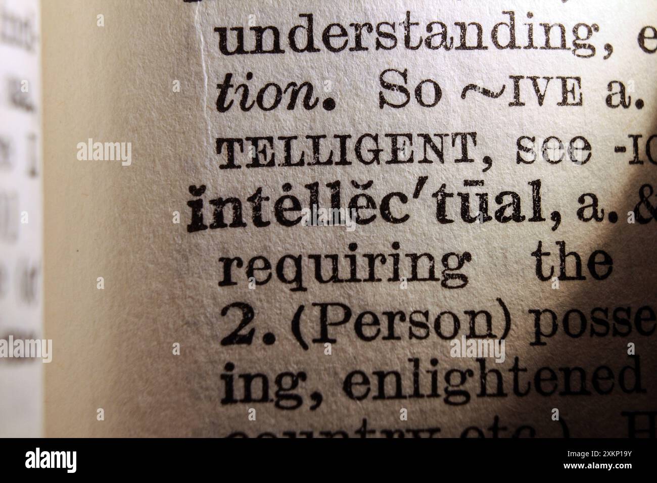 Word intellectual on dictionary page, macro close-up Stock Photo