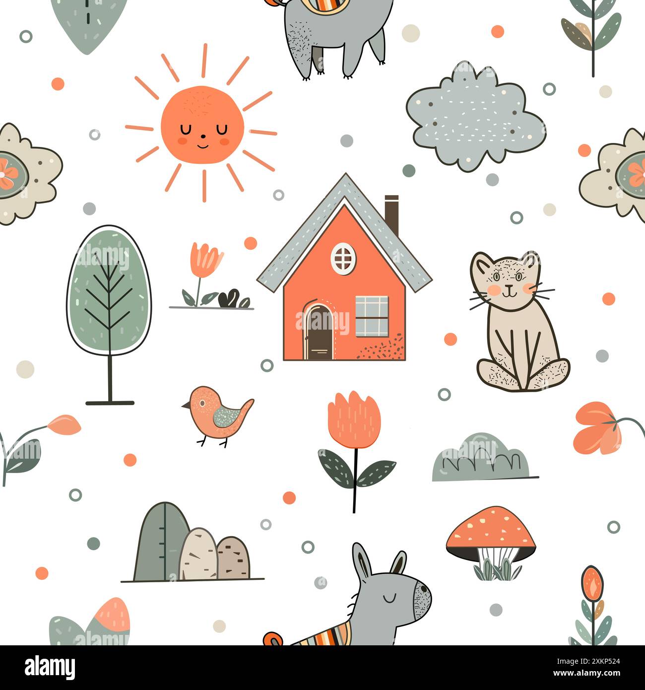Vector kid seamless pattern Cute baby print with donkey, house, sun ...