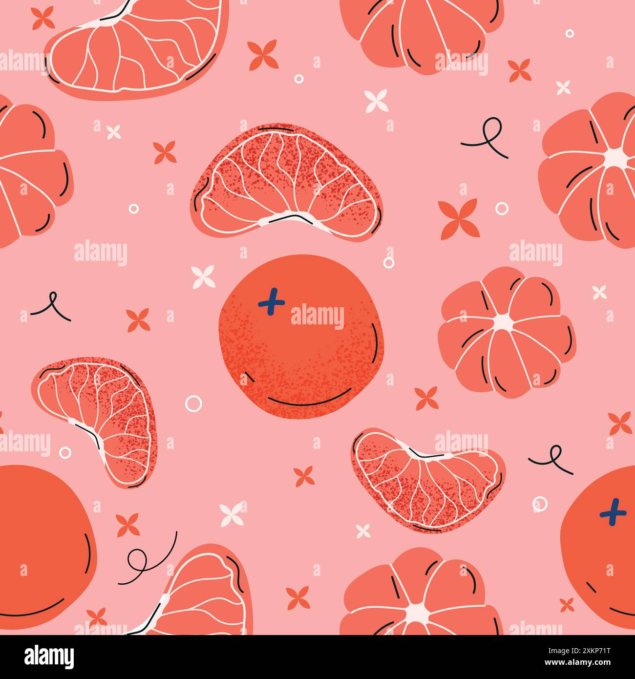 Handdrawn citrus fruit pattern on pink background Stock Vector