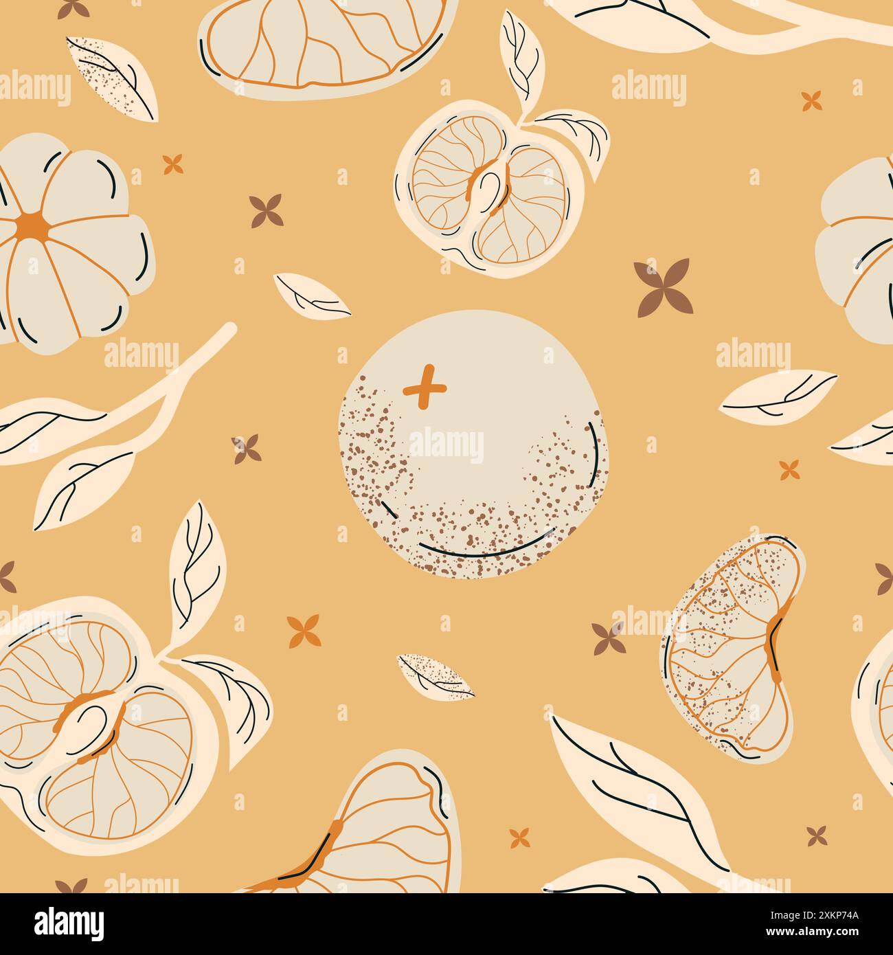HandDrawn Citrus Pattern on Yellow Background Stock Vector