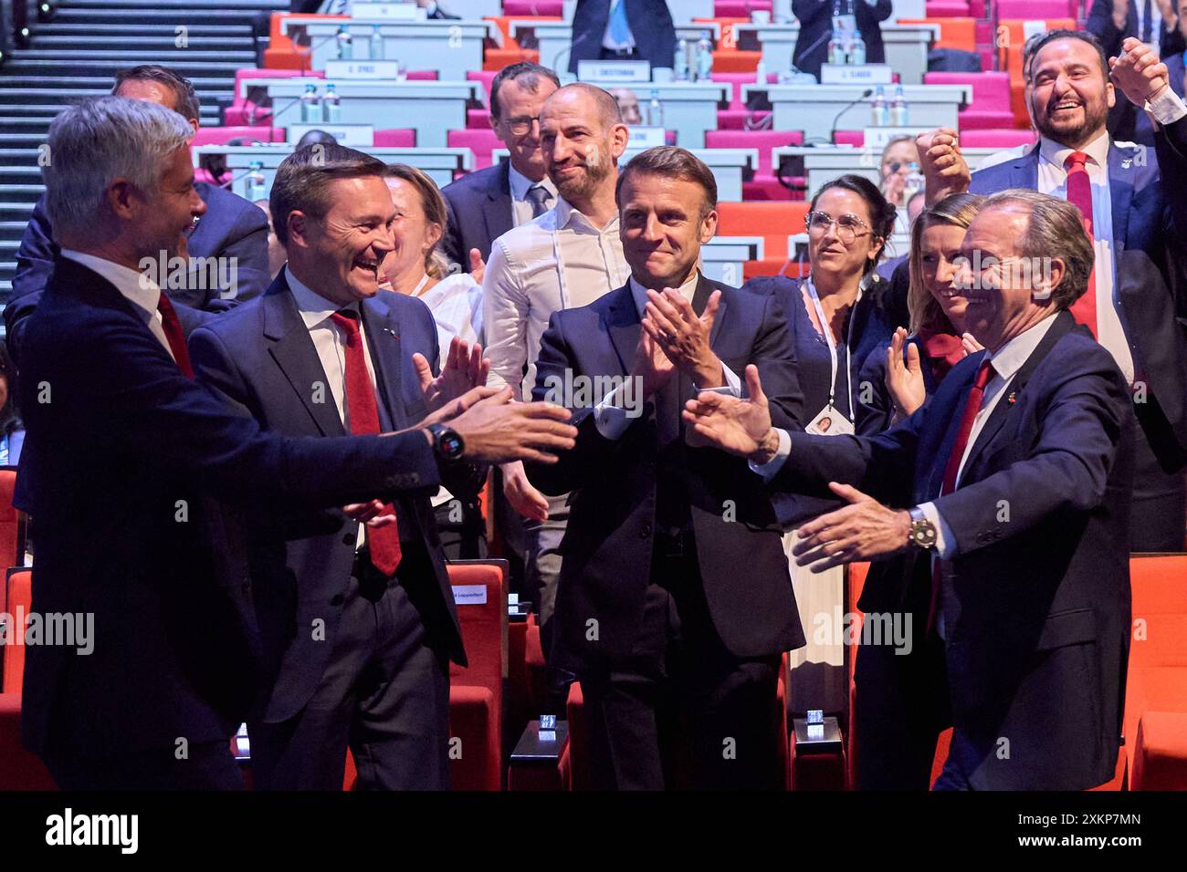 Paris, France. 24th July, 2024. French President Emmanuel Macron (C ...