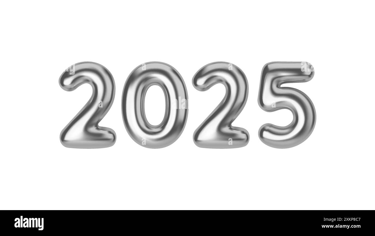 Happy New 2025 Year. Silver number made of chrome in the form of balloons. Realistic 3d render