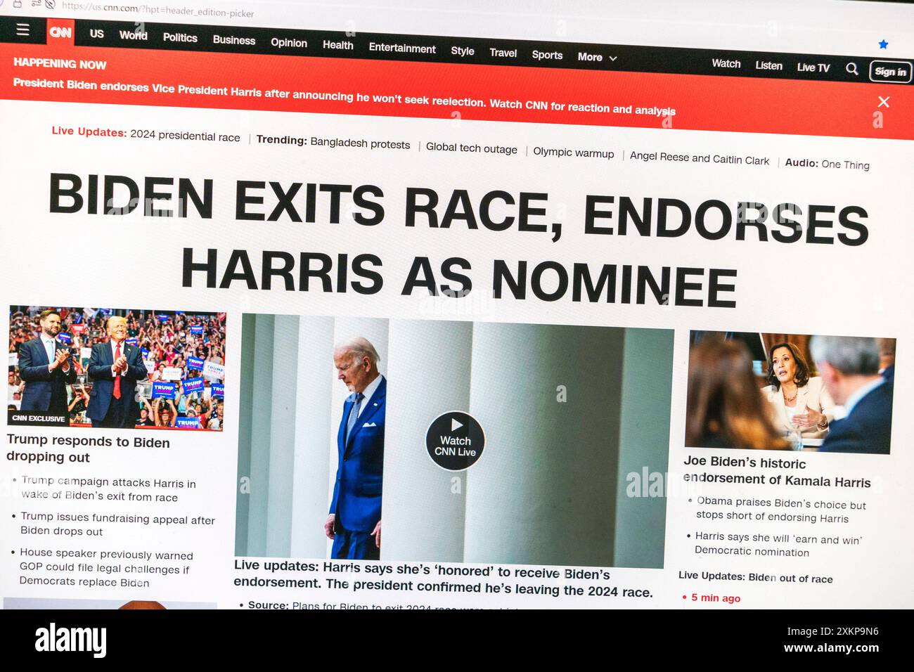 'Biden Exits Race, Endorses Harris...' headline following news that President Joe Biden has quit the presidential race, CNN website, 21st July 2024. Stock Photo