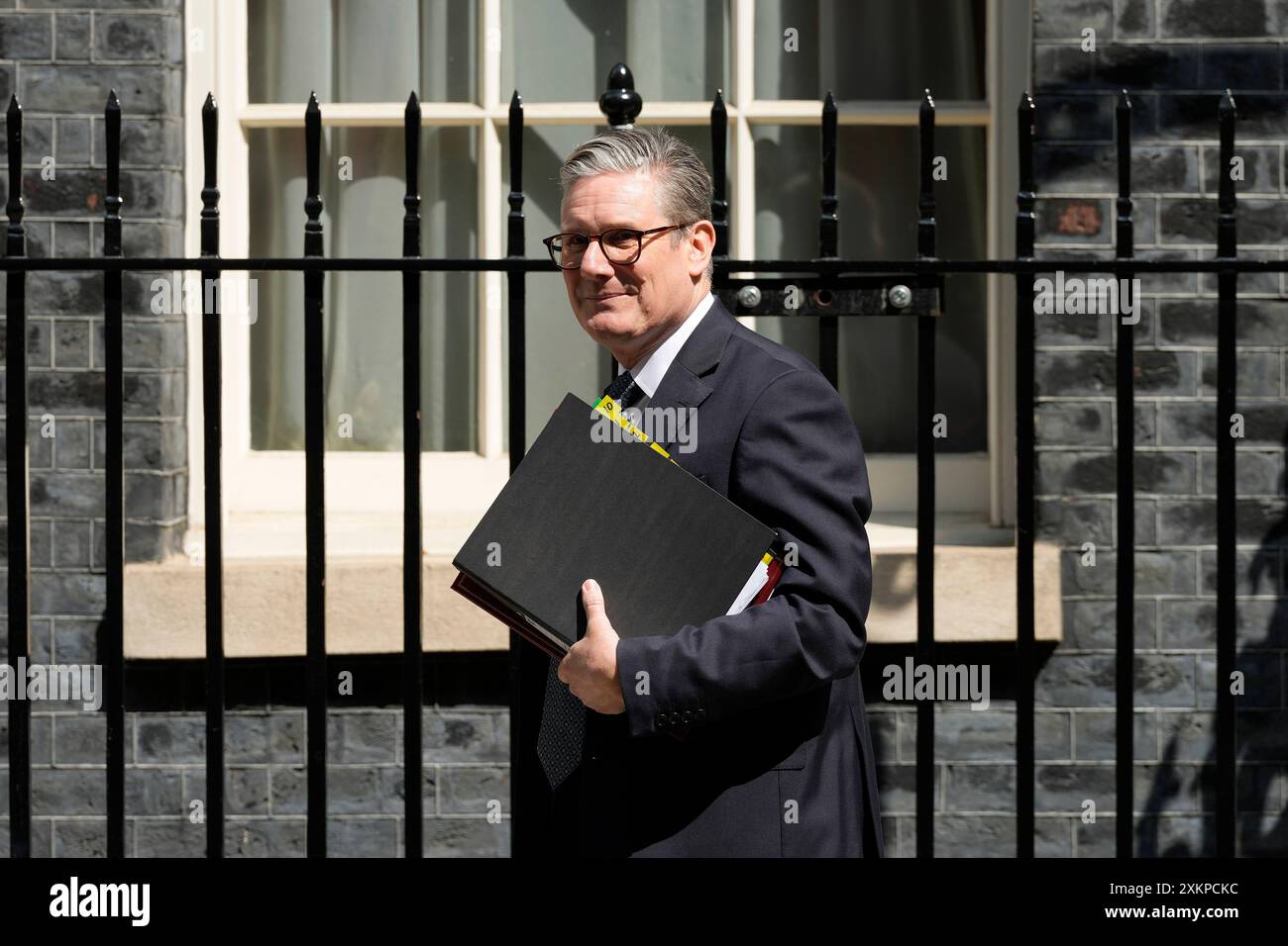 Britain's Prime Minister Keir Starmer leaves 10 Downing Street to attend the weekly Prime Ministers' Questions session in parliament in London, Wednesday, July 24, 2024. (AP Photo/Frank Augstein) Stock Photo