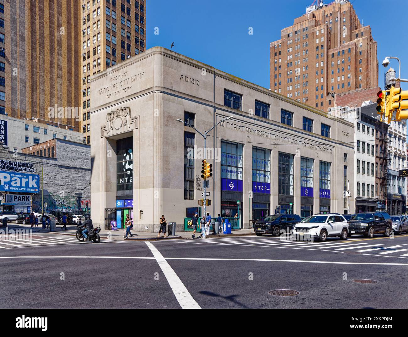 NYC Chinatown: The monolithic limestone landmark, National City Bank building, is now home of the interactive art exhibit, INTER . Stock Photo