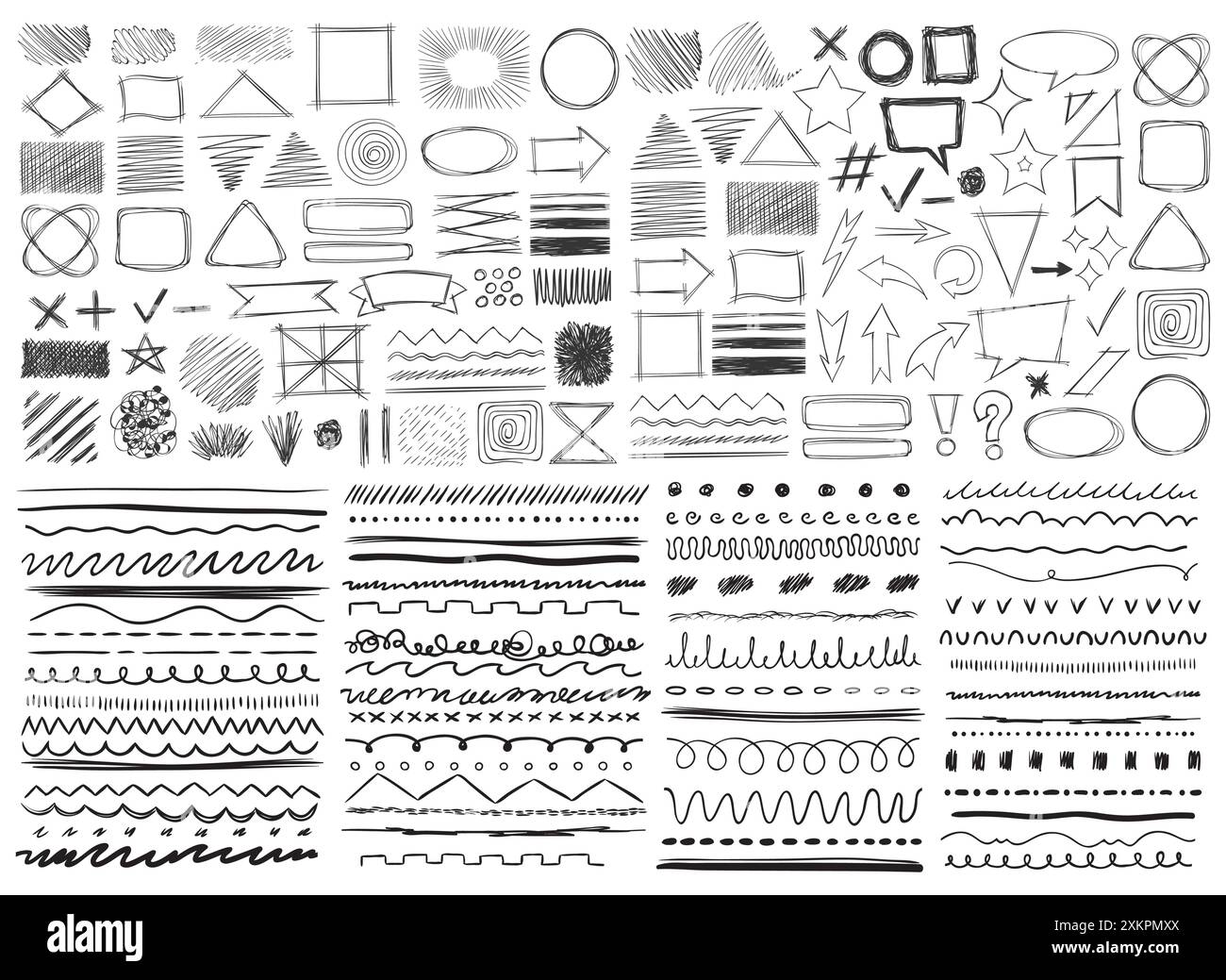 Hand drawn lines. Black crayon charcoal underlines, geometric shapes ...