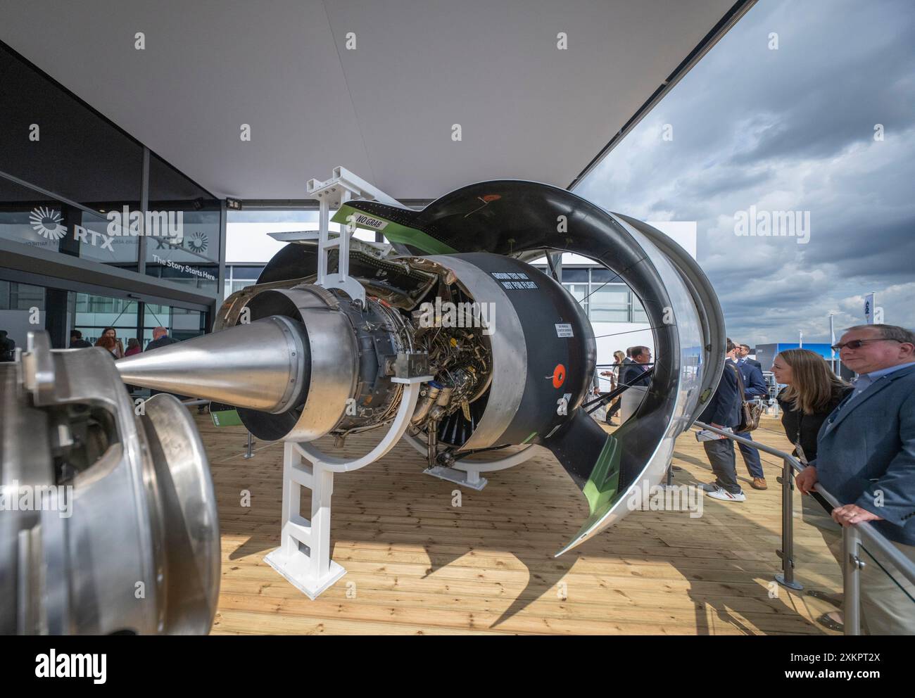 Farnborough, England, UK. 24th July, 2024. The Farnborough International Airshow runs from 22-26 July 2024 and showcases global aerospace, civil aviation and defence sectors. Image: Pratt & Whitney GTF Engine display on the RTX stand. Credit: Malcolm Park/Alamy Live News Stock Photo