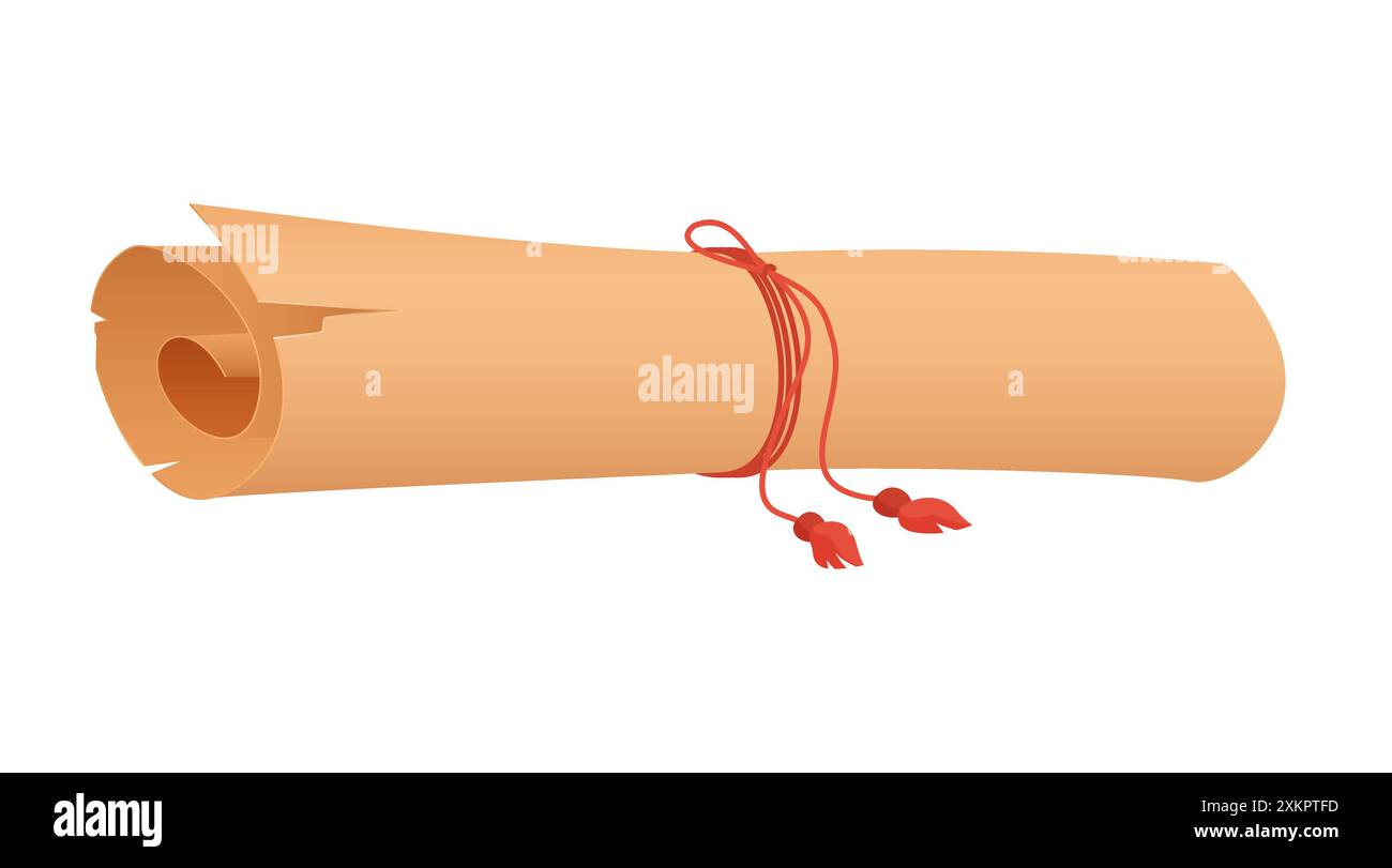 Rolled up manuscript, antique scroll tied with red rope with tassels ...