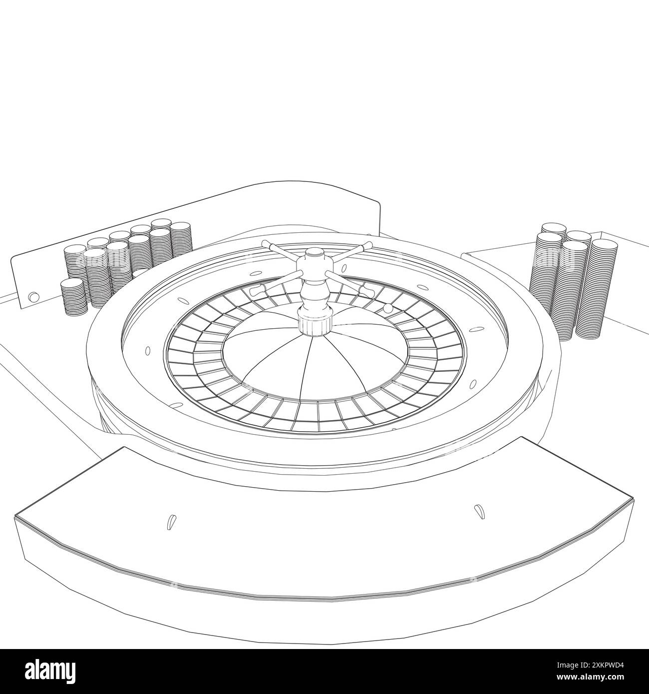 Outline Casino roulette wheel with casino chips on table. View from ...