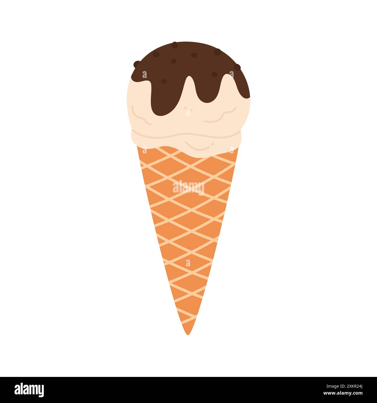 Vanilla ice cream ball with chocolate sauce in mesh waffle cone vector ...